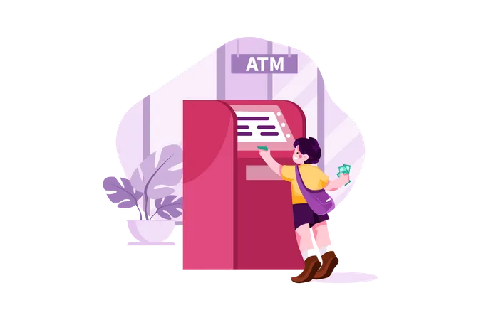 Kleiner Junge holt Geld am Geldautomaten  Illustration