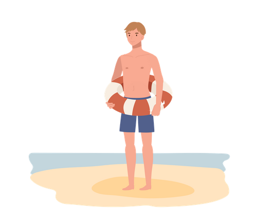 Kleiner Junge im Badeanzug hält Rettungsring am Strand  Illustration