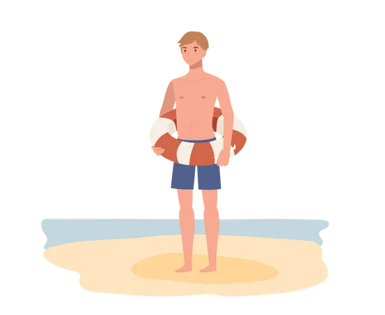 Kleiner Junge im Badeanzug hält Rettungsring am Strand  Illustration