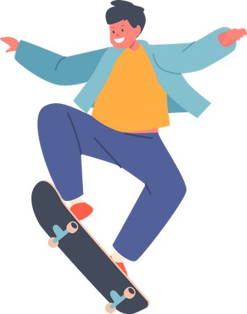 Kleiner Junge in moderner Kleidung springt auf Skateboard  Illustration