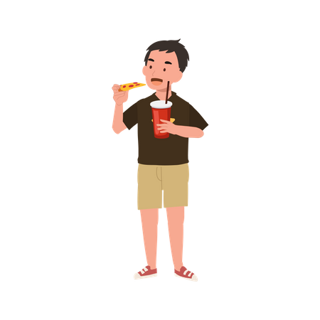 Kleiner Junge isst Pizza und hält ein Glas Erfrischungsgetränk  Illustration