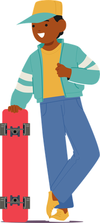 Kleiner Junge in auffälliger, selbstbewusster Pose in trendiger Kleidung mit Skateboard  Illustration