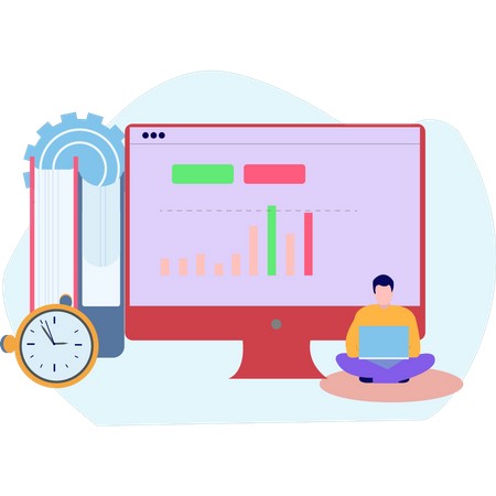 Kleiner Junge bei der Analyse des Online-Bildungsangebots  Illustration