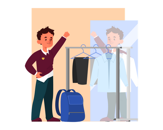 Kleiner Junge macht sich für die Schule schick  Illustration