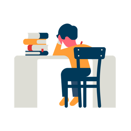 Kleiner Junge mit der Menge an Hausaufgaben überfordert  Illustration