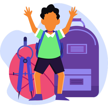 Kleiner Junge mit einem Rucksack steht lächelnd mit einem Basketball in einem sonnigen Park  Illustration