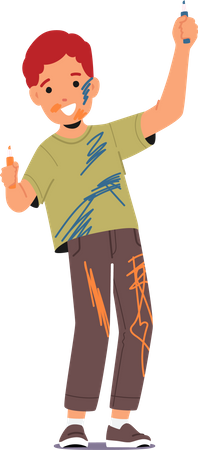 Kleiner Junge mit Farbflecken auf Kleidung und Gesicht  Illustration