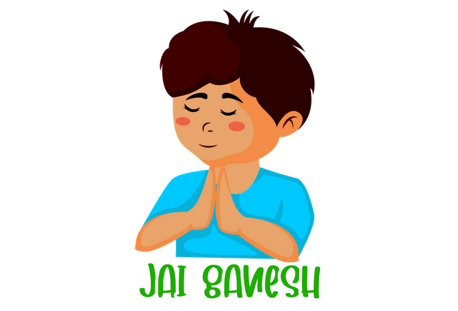 Kleiner Junge mit gefalteten Händen verehrt Gott Ganesha  Illustration
