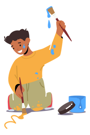 Kleiner Junge mit Pinsel Zeichnung Erholung  Illustration