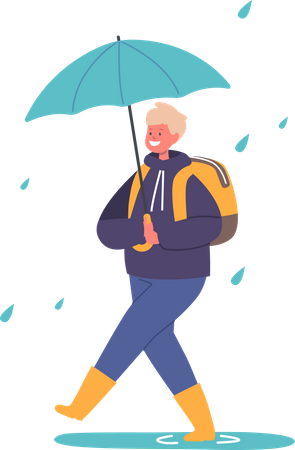 Kleiner Junge mit Regenschirm geht bei Regenwetter zur Schule  Illustration