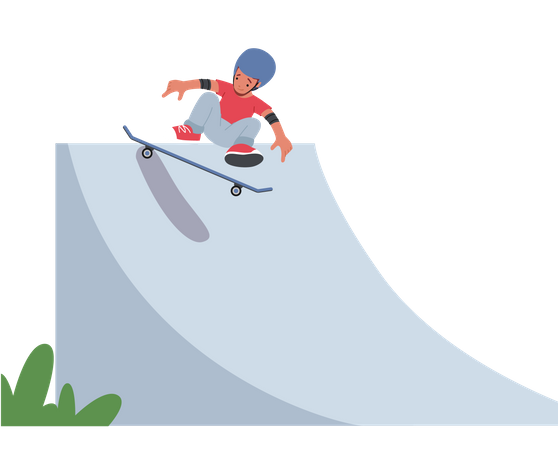 Kleiner Junge mit Schutzhelm springt im Park auf Skateboard  Illustration