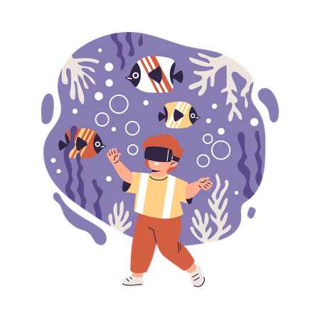 Kleiner Junge mit Virtual-Reality-Brille beobachtet Fische beim Schwimmen  Illustration