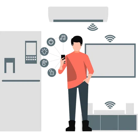 Kleiner Junge nutzt WLAN auf dem Handy  Illustration