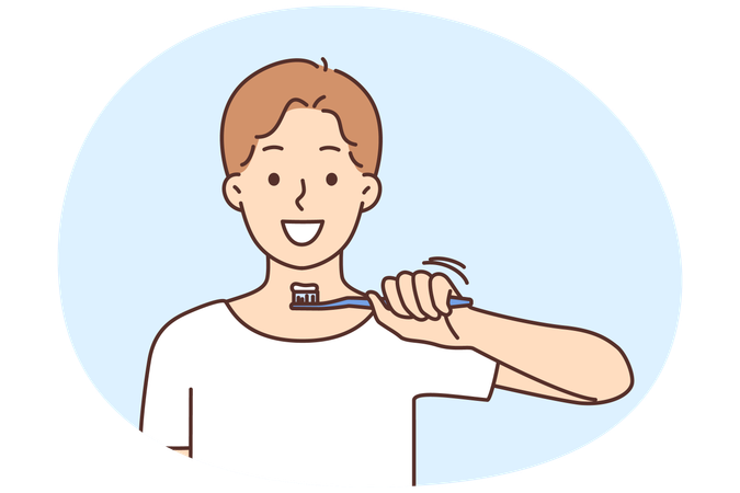 Kleiner Junge putzt Zähne mit Zahnbürste und Zahnpasta  Illustration