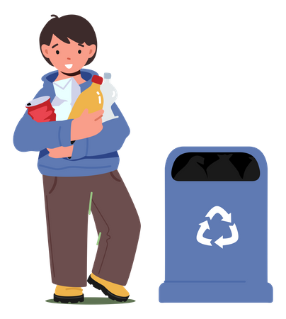 Kleiner Junge sammelt Müll und hält Plastikflaschen in der Nähe des Recyclingbehälters  Illustration