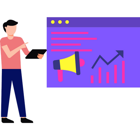 Kleiner Junge betrachtet Marketingdiagramm auf Webseite  Illustration