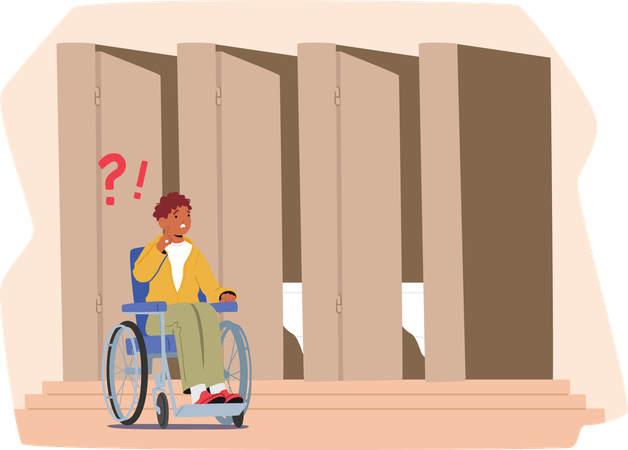 Kleiner Junge sitzt im Rollstuhl und hat Probleme mit der Benutzung öffentlicher Toiletten  Illustration