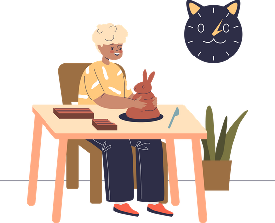 Kleiner Junge sitzt während der Werkunterrichtsstunde am Tisch und bastelt Figuren aus Plastilin  Illustration