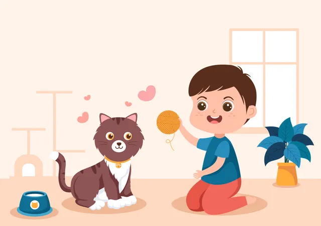 Kleiner Junge spielt mit Katze  Illustration