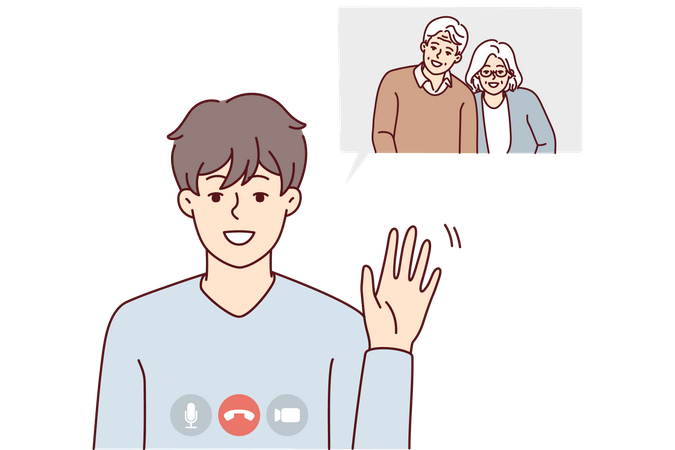 Kleiner Junge spricht per Videoanruf mit seinen Großeltern  Illustration