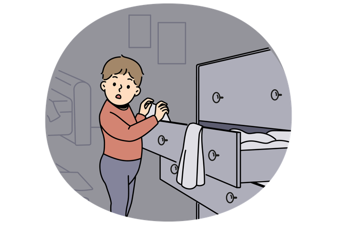 Kleiner Junge steht neben einem Kleiderschrank und betrachtet neugierig Textilien  Illustration