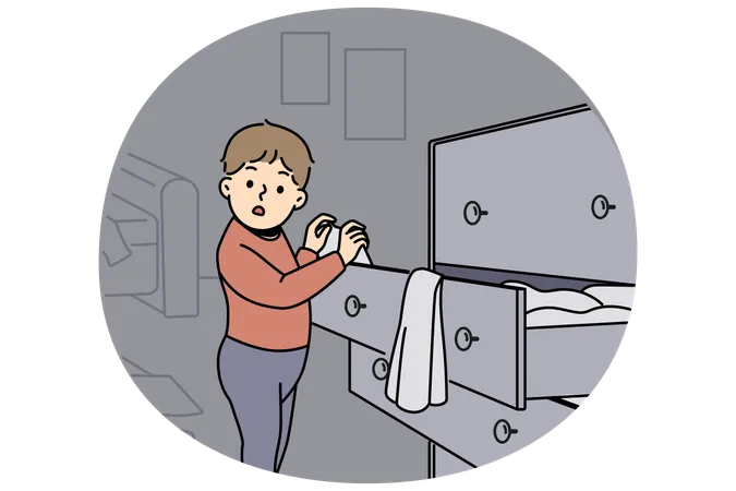 Kleiner Junge steht neben einem Kleiderschrank und betrachtet neugierig Textilien  Illustration