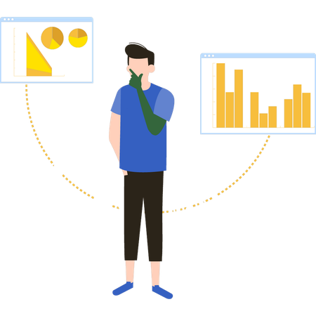 Der kleine Junge steht und denkt über ein Geschäftsdiagramm nach  Illustration