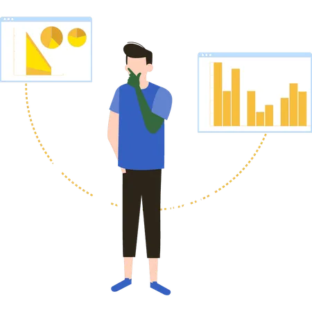 Der kleine Junge steht und denkt über ein Geschäftsdiagramm nach  Illustration