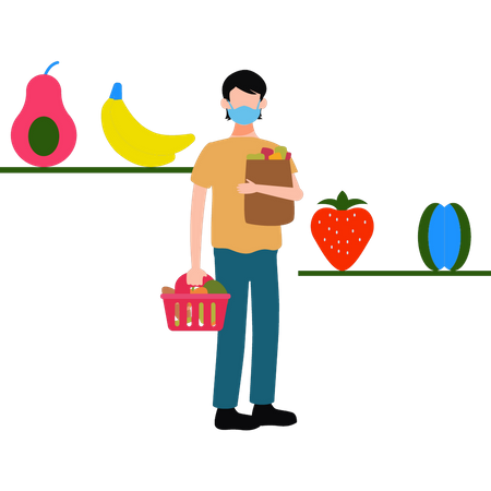 Kleiner Junge trägt eine Maske und kauft Obst auf dem Markt  Illustration
