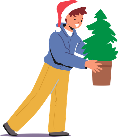 Kleiner Junge trägt einen eingetopften Tannenbaum  Illustration