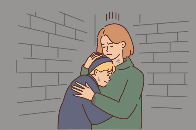 Kleiner Junge umarmt seine Mutter und weint  Illustration