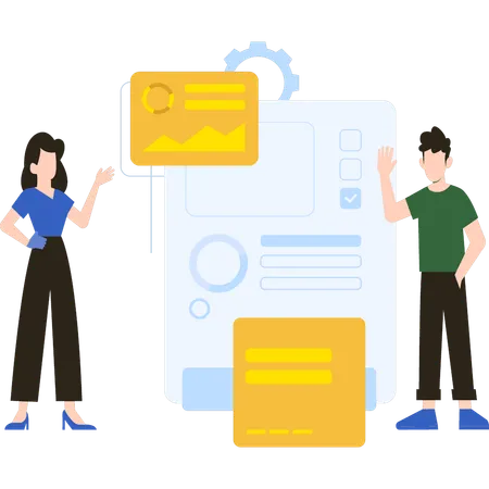 Junge Jungen und Mädchen arbeiten an einem Diagrammbericht  Illustration