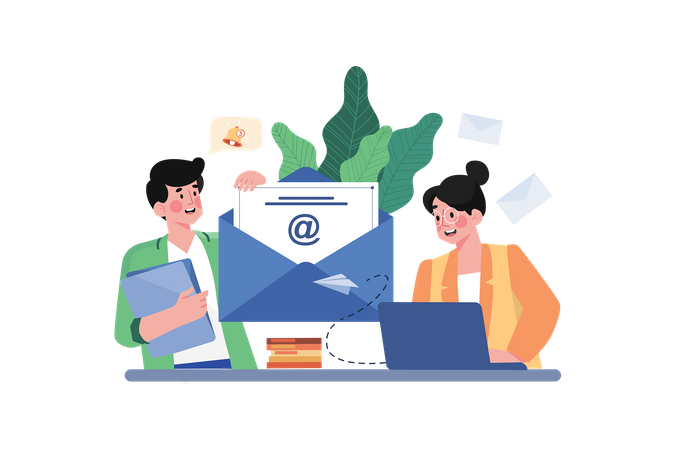 Kleiner Junge und Mädchen beim E-Mail-Marketing  Illustration