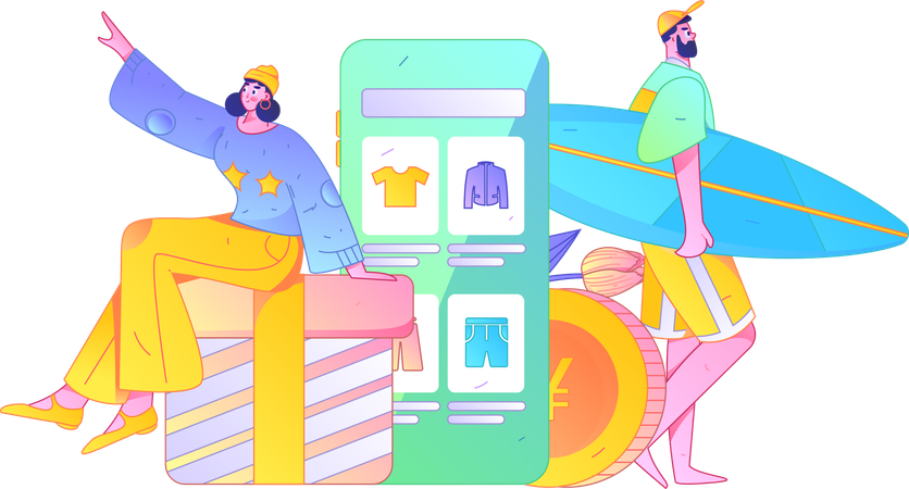 Junge und Mädchen beim Online-Shopping  Illustration