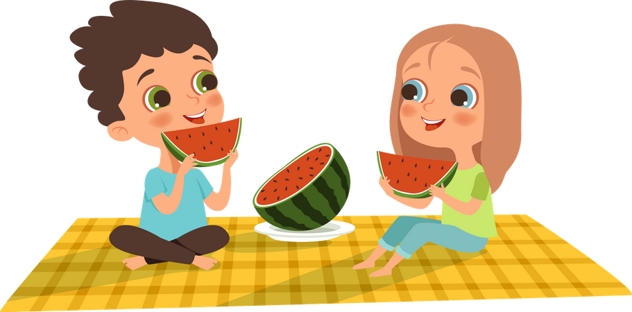 Kleine Jungen und Mädchen essen Wassermelone beim Picknick  Illustration