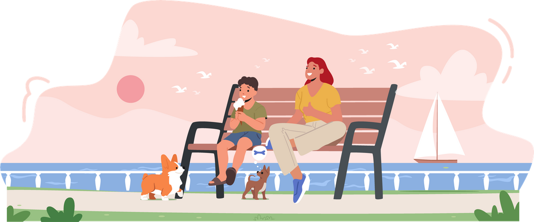 Kleiner Junge und Mutter essen Eis auf Bank sitzend  Illustration