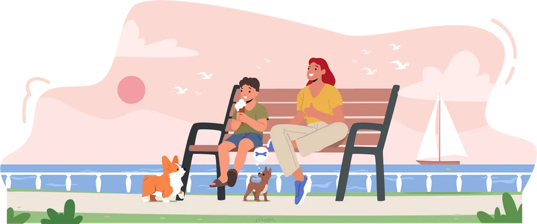 Kleiner Junge und Mutter essen Eis auf Bank sitzend  Illustration