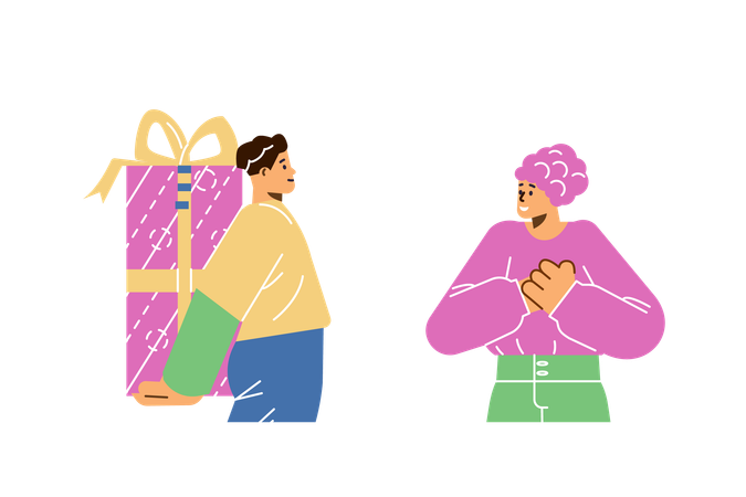 Kleiner Junge versteckt sich hinter dem Rücken riesige Geschenkbox  Illustration