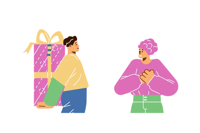 Kleiner Junge versteckt sich hinter dem Rücken riesige Geschenkbox  Illustration