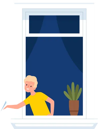 Kleiner Junge wirft Papierflieger aus dem Fenster  Illustration