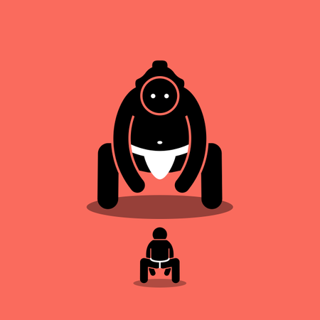 Kleiner Mann gegen großen japanischen Sumo-Kämpfer  Illustration