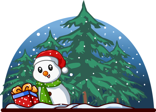 Kleiner Schneemann mit Weihnachtsgeschenk im Wald  Illustration