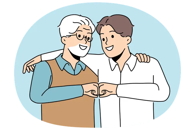 Kleiner Sohn und älterer Vater umarmen sich und stoßen die Fäuste, um die Einheit zwischen den Generationen zu demonstrieren  Illustration