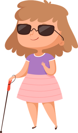 Kleines blindes Mädchen mit Stock und Sonnenbrille  Illustration