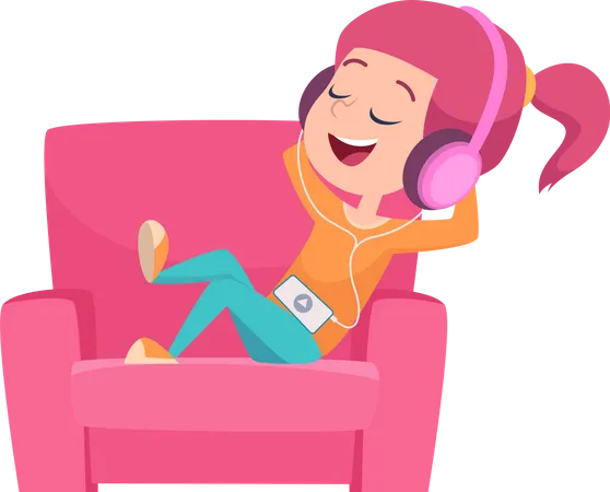 Kleines Mädchen entspannt auf der Couch beim Musikhören  Illustration