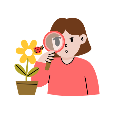 Kleines Mädchen erforscht Pflanzen  Illustration