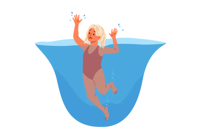 Kleines Mädchen ertrinkt im Wasser und erstickt beim Schwimmen im Pool=  Illustration