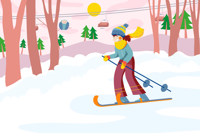 Kleines Mädchen fährt Ski auf Abfahrt im Wald  Illustration