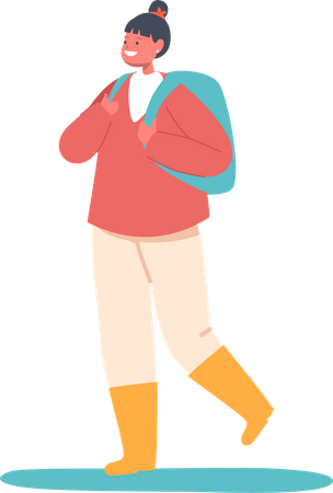 Kleines Mädchen geht zur Schule und trägt Gummistiefel  Illustration