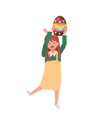 Kleines Mädchen hält großes Osterei auf dem Kopf  Illustration